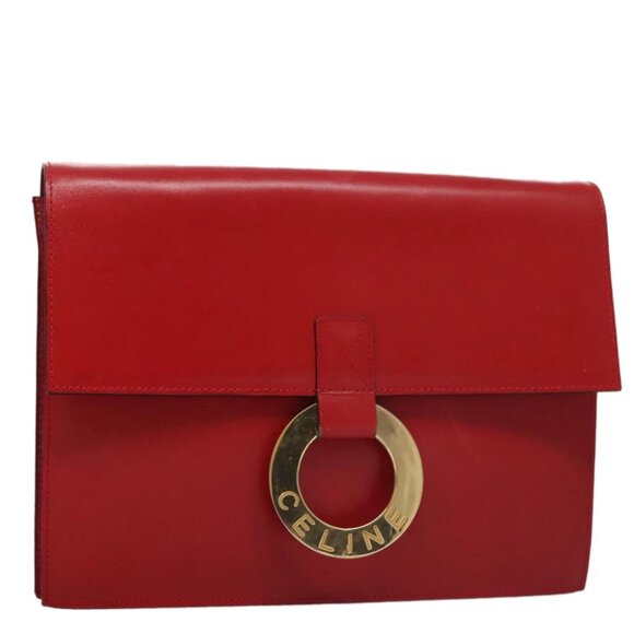 CELINE Clutch Bag Leather Red Gold Auth 92873 - Picture 1 of 15